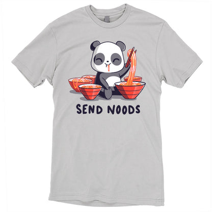 Premium Cotton T-shirt_A cartoon panda joyfully eating noodles with chopsticks, surrounded by bowls of noodles. Text at the bottom reads, "SEND NOODS." Made from super soft ringspun cotton, this unisex Send Noods apparelby monsterdigital is perfect for noodle lovers everywhere.