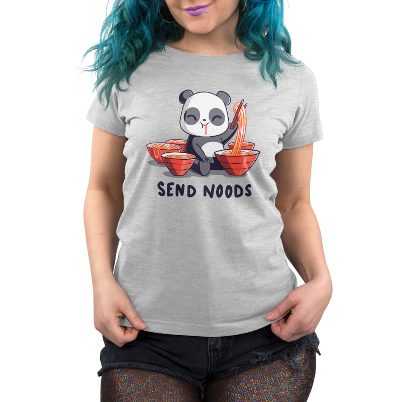 Premium Cotton T-shirt_A cartoon panda joyfully eating noodles with chopsticks, surrounded by bowls of noodles. Text at the bottom reads, "SEND NOODS." Made from super soft ringspun cotton, this unisex Send Noods apparelby monsterdigital is perfect for noodle lovers everywhere.