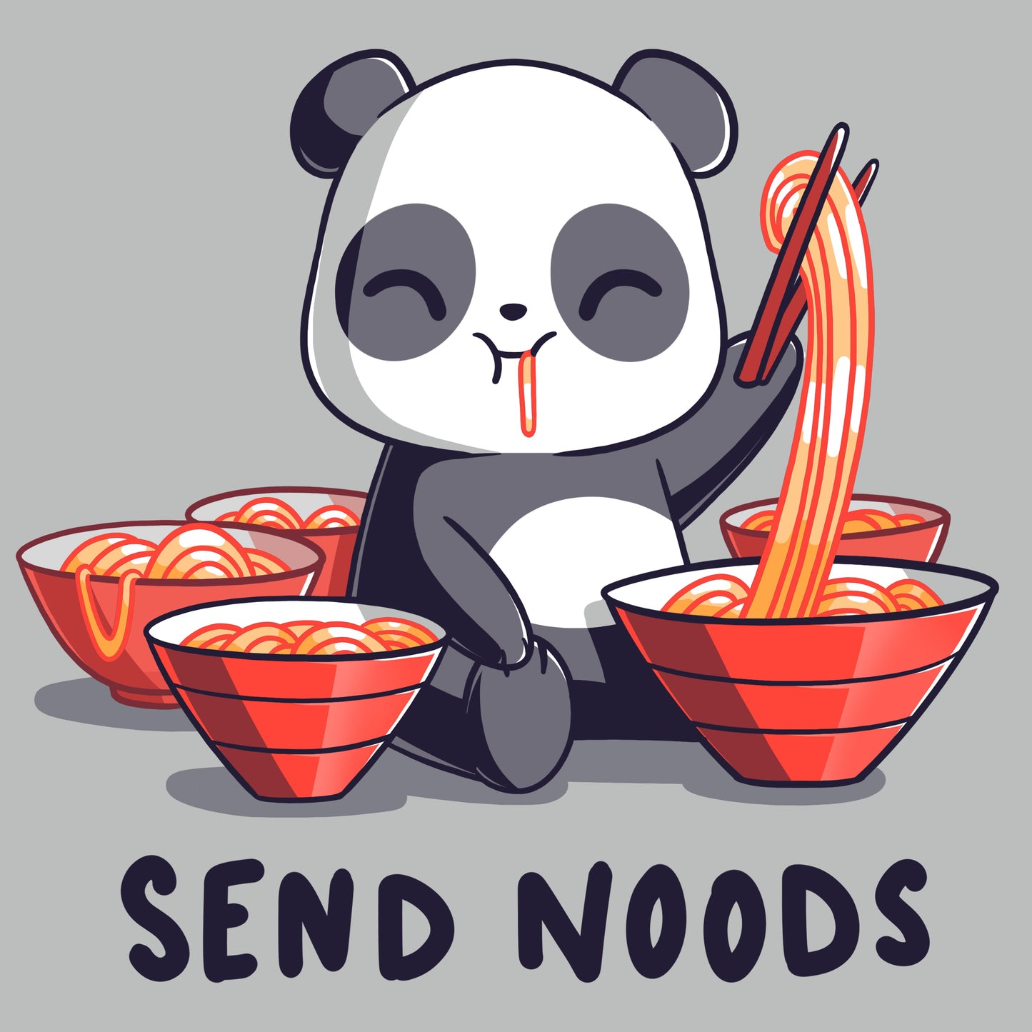 Premium Cotton T-shirt_A cartoon panda joyfully eating noodles with chopsticks, surrounded by bowls of noodles. Text at the bottom reads, "SEND NOODS." Made from super soft ringspun cotton, this unisex Send Noods apparelby monsterdigital is perfect for noodle lovers everywhere.