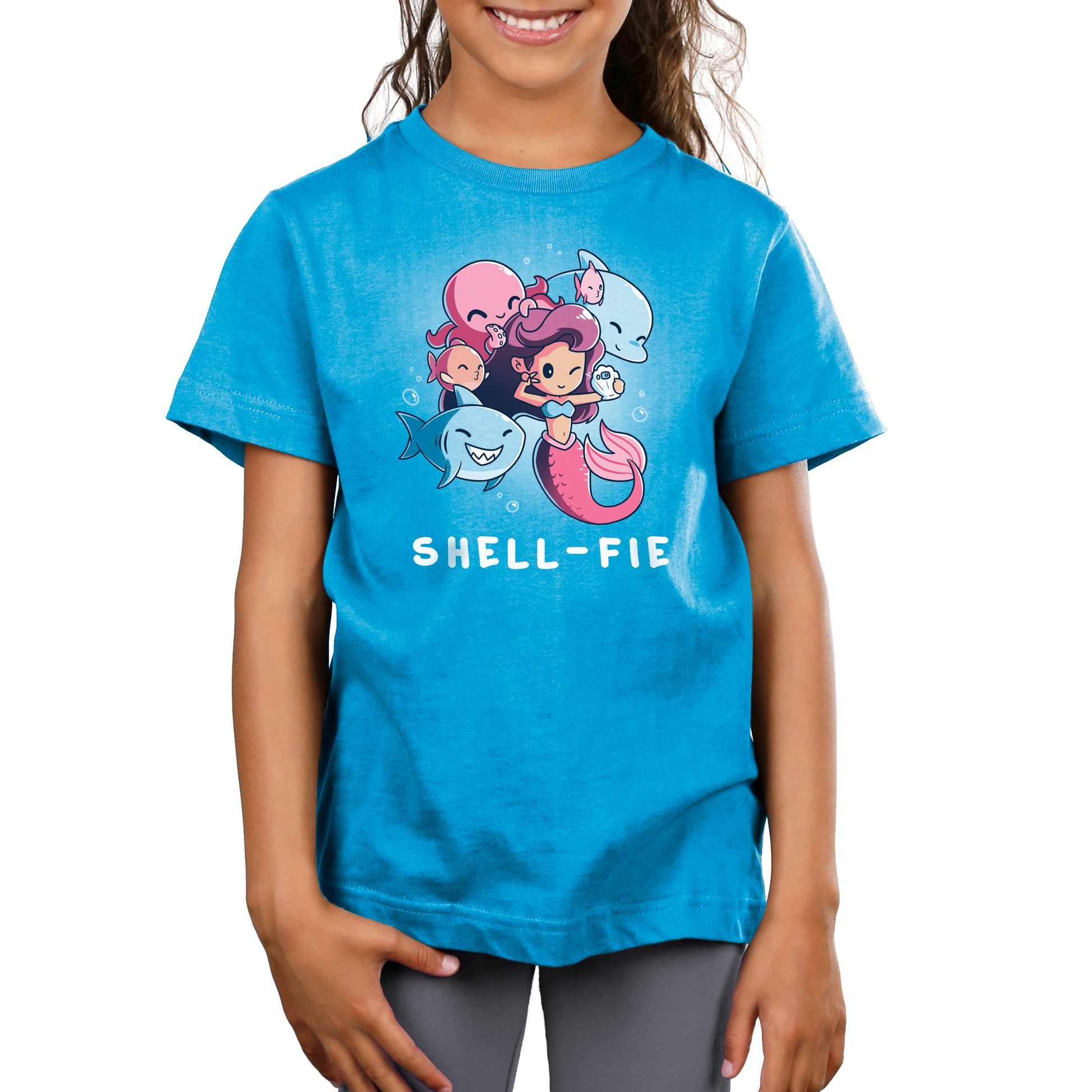 Premium Cotton T-shirt_TeeTurtle Shell-fie cobalt blue t-shirt featuring a mermaid takes a selfie underwater, surrounded by smiling sea creatures.