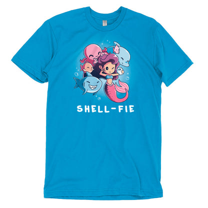 Premium Cotton T-shirt_TeeTurtle Shell-fie cobalt blue t-shirt featuring a mermaid takes a selfie underwater, surrounded by smiling sea creatures.