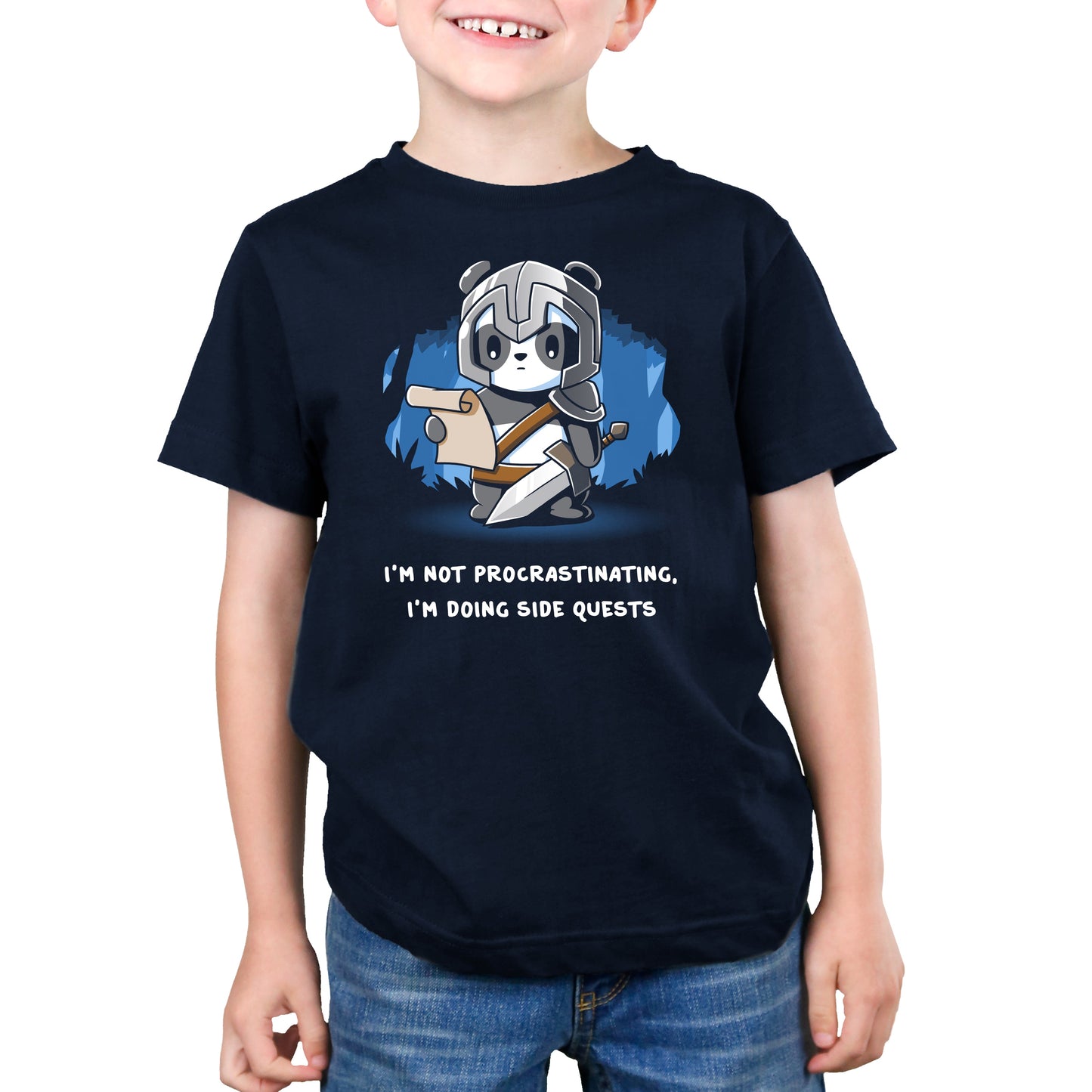 Premium Cotton T-shirt_TeeTurtle navy blue I'm Doing Side Quests. Featuring a warrior panda holding a scroll saying, "I'm not procrastinating, I'm doing side quests.".