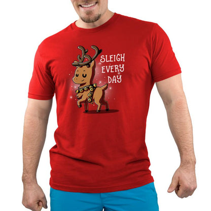 Premium Cotton T-shirt_TeeTurtle Sleigh Every Day red t-shirt featuring a sassy reindeer wearing bell harness with a Christmas pun next to it.