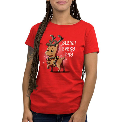 Premium Cotton T-shirt_TeeTurtle Sleigh Every Day red t-shirt featuring a sassy reindeer wearing bell harness with a Christmas pun next to it.