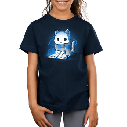 Premium Cotton T-shirt_TeeTurtle navy blue Smart Kitty. Featuring a white cat with a blue and silver striped scarf reading a book.