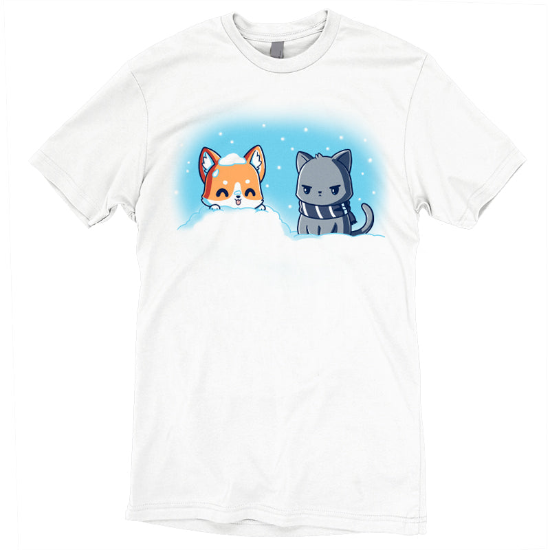 Premium Cotton T-shirt_Teeturtle Snow Pals White t-shirt featuring a puppy poking its head out of a snow mound with its tongue sticking out while an unamused cat in a striped woolen scarf looks on.