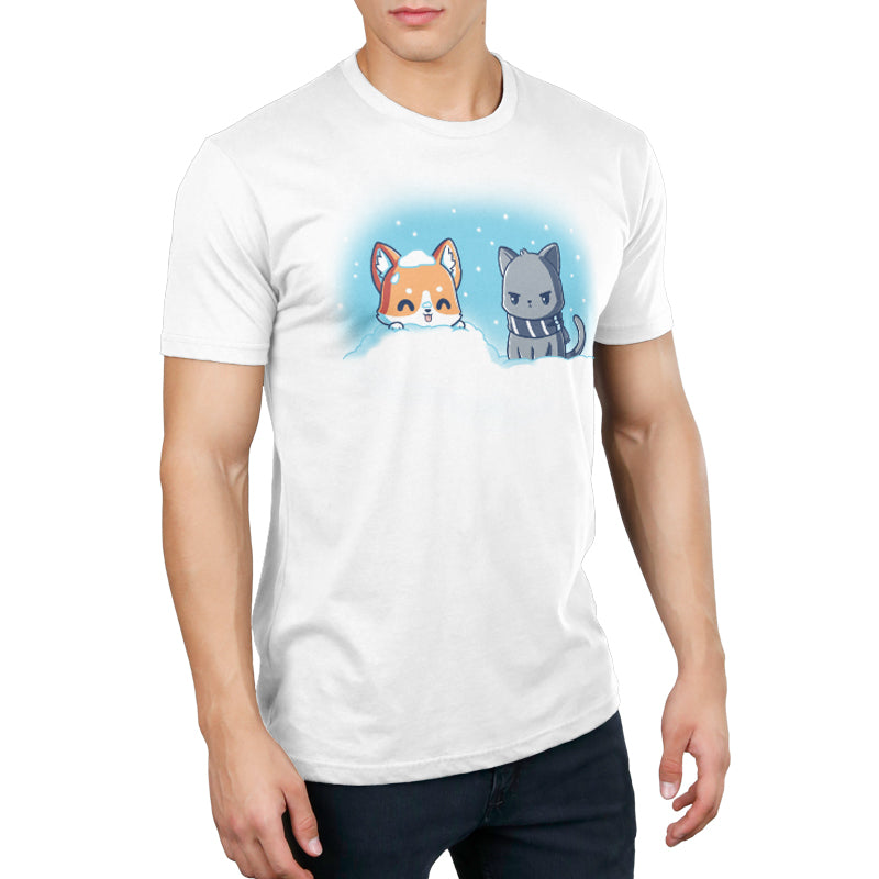 Premium Cotton T-shirt_Teeturtle Snow Pals White t-shirt featuring a puppy poking its head out of a snow mound with its tongue sticking out while an unamused cat in a striped woolen scarf looks on.