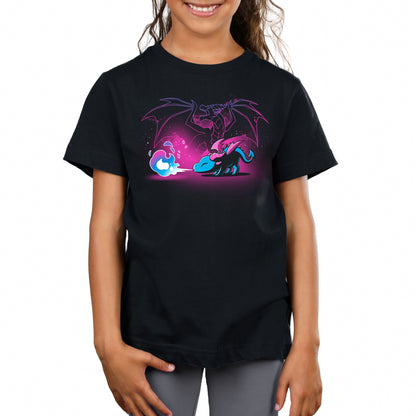 Premium Cotton T-shirt_TeeTurtle Spirit of the Dragon black t-shirt featuring a shiny magical little dragon breathing blue and purple fire with a silhouette of a big fierce dragon behind them.