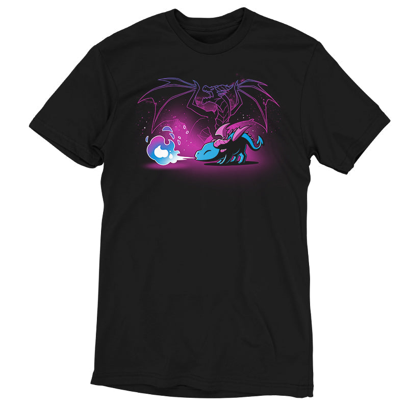 Premium Cotton T-shirt_TeeTurtle Spirit of the Dragon black t-shirt featuring a shiny magical little dragon breathing blue and purple fire with a silhouette of a big fierce dragon behind them.