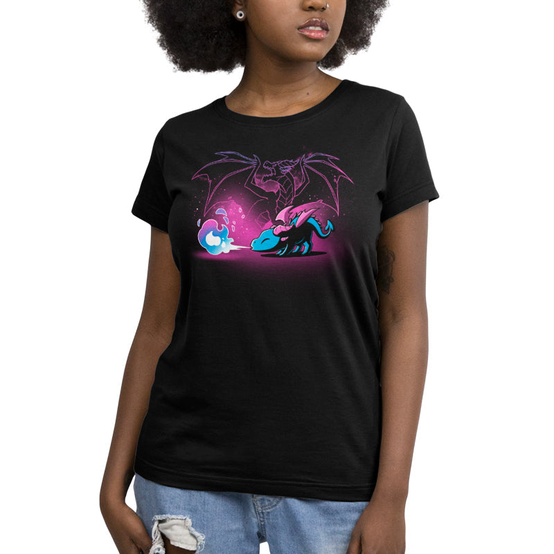 Premium Cotton T-shirt_TeeTurtle Spirit of the Dragon black t-shirt featuring a shiny magical little dragon breathing blue and purple fire with a silhouette of a big fierce dragon behind them.