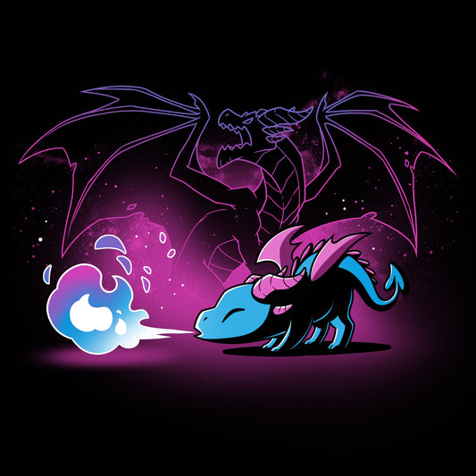 Premium Cotton T-shirt_TeeTurtle Spirit of the Dragon black t-shirt featuring a shiny magical little dragon breathing blue and purple fire with a silhouette of a big fierce dragon behind them.