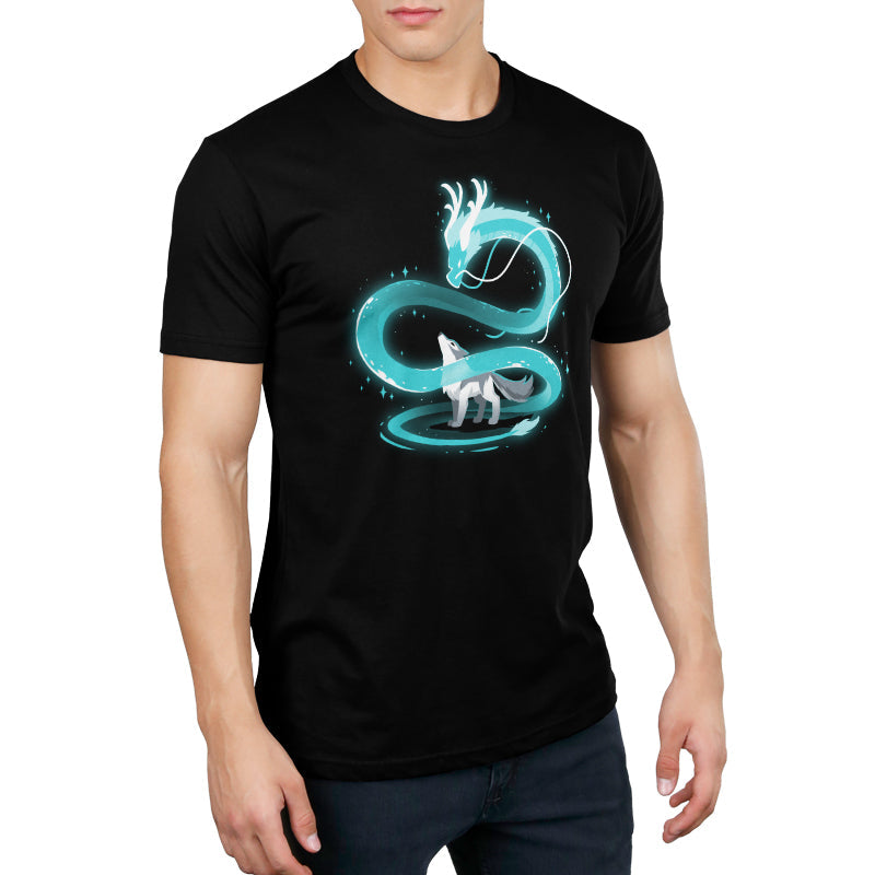 Premium Cotton T-shirt_A glowing blue dragon spirals above a gray wolf, who looks upward in a black background. Both creatures are enveloped in an ethereal light, creating a mystical Spirit of the Moon scene on this super soft ringspun cotton black apparel by monsterdigital.