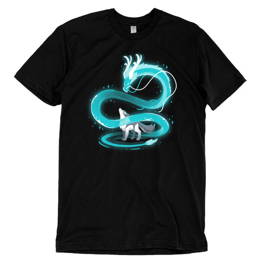 Premium Cotton T-shirt_A glowing blue dragon spirals above a gray wolf, who looks upward in a black background. Both creatures are enveloped in an ethereal light, creating a mystical Spirit of the Moon scene on this super soft ringspun cotton black apparel by monsterdigital.