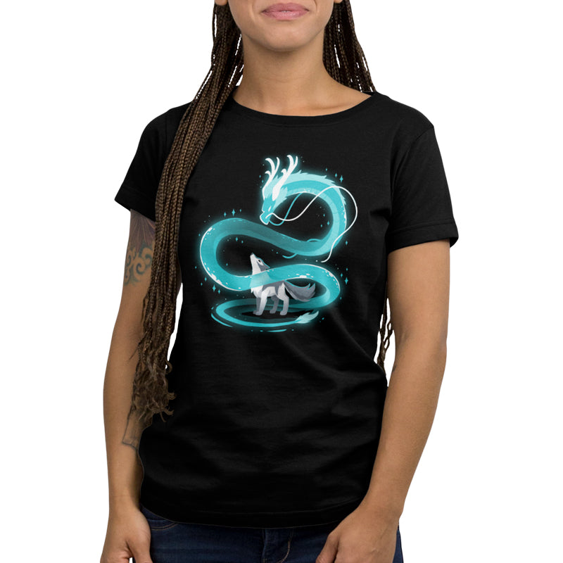 Premium Cotton T-shirt_A glowing blue dragon spirals above a gray wolf, who looks upward in a black background. Both creatures are enveloped in an ethereal light, creating a mystical Spirit of the Moon scene on this super soft ringspun cotton black apparel by monsterdigital.