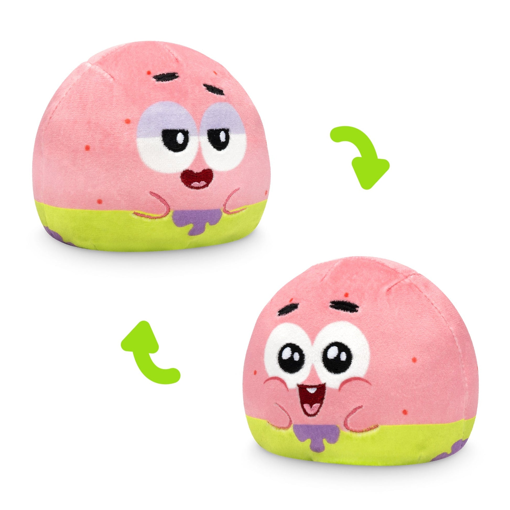 Two pink, round stuffed toys with cartoon faces and green arrows indicating they can be flipped. The top toy has tired eyes, and the bottom toy has wide, excited eyes; it's like a Nickelodeon Plushiverse SpongeBob Reversible Plushie Mystery Box experience packed into plushie blind boxes.