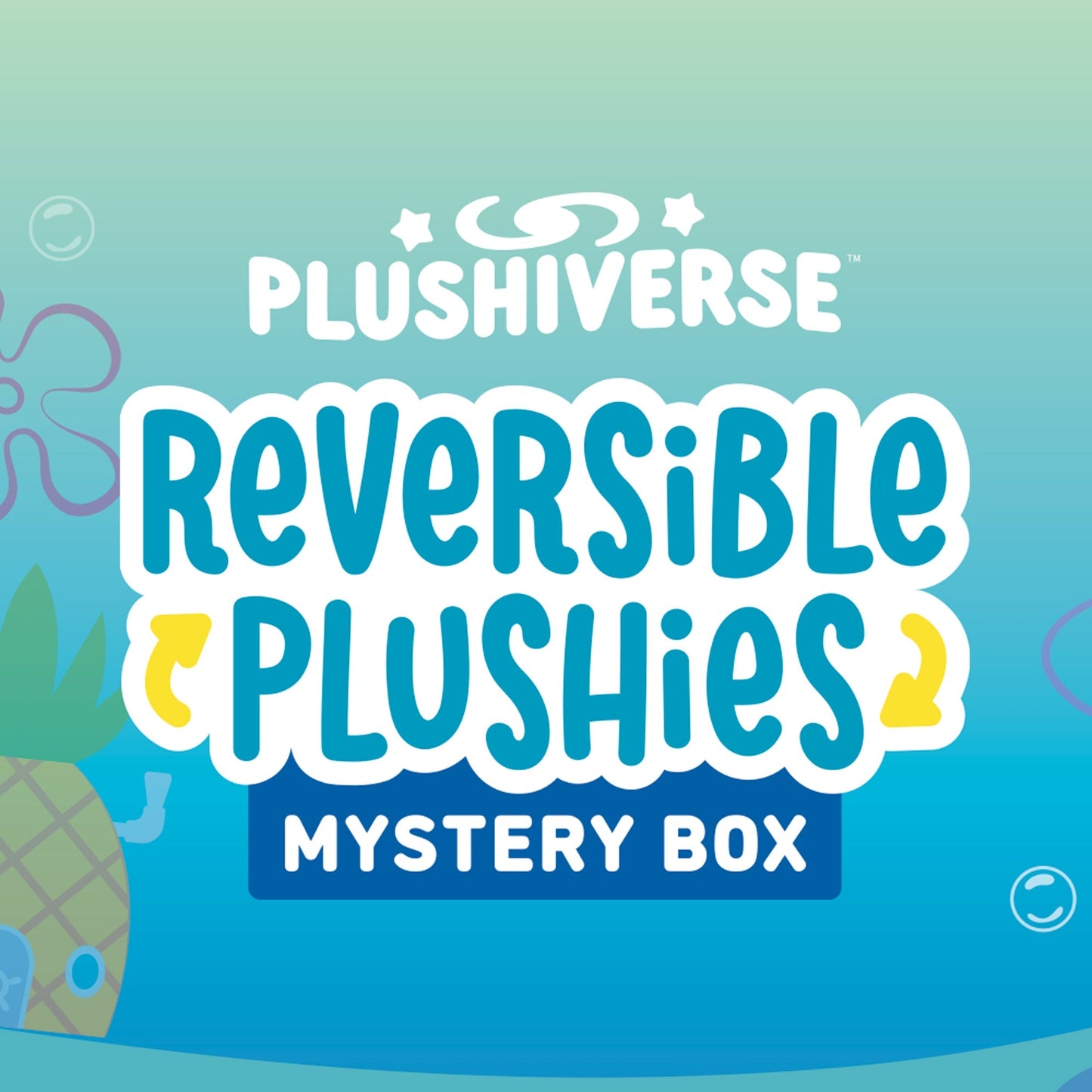 Discover the **Plushiverse SpongeBob Reversible Plushie Mystery Box** by **Nickelodeon**, featuring a green and blue gradient background with a playful pineapple graphic. Dive into the fun with our exclusive SpongeBob collection hidden inside each mystery box!