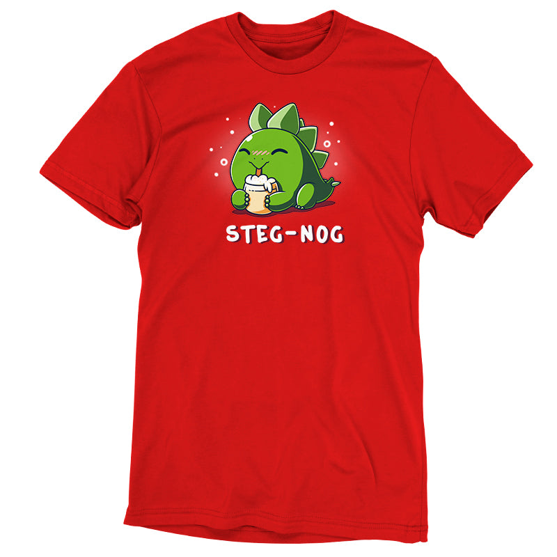 Premium Cotton T-shirt_TeeTurtle Steg-nog red t-shirt featuring a stegosaurus dinosaur drinking holiday egg nog with a pun underneath.