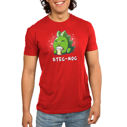 Premium Cotton T-shirt_TeeTurtle Steg-nog red t-shirt featuring a stegosaurus dinosaur drinking holiday egg nog with a pun underneath.