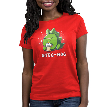 Premium Cotton T-shirt_TeeTurtle Steg-nog red t-shirt featuring a stegosaurus dinosaur drinking holiday egg nog with a pun underneath.