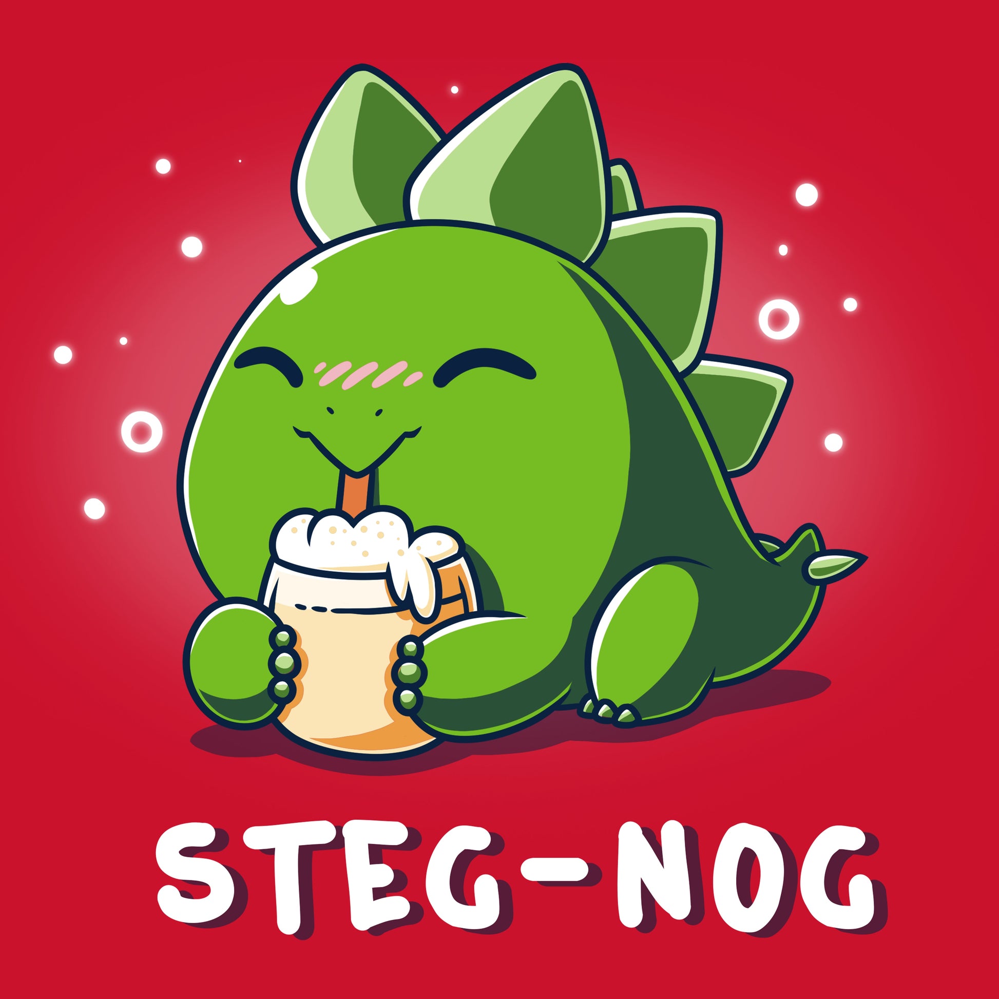 Premium Cotton T-shirt_TeeTurtle Steg-nog red t-shirt featuring a stegosaurus dinosaur drinking holiday egg nog with a pun underneath.