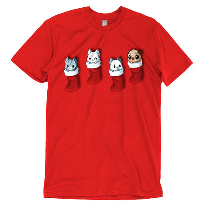 Premium Cotton T-shirt_TeeTurtle Stocking Stuffers red t-shirt featuring a group of three cats and pug puppy looking cute in Christmas stockings.
