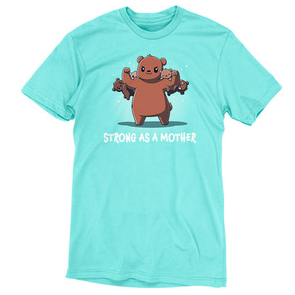 Premium Cotton T-shirt_TeeTurtle Strong as a Mother caribbean blue t-shirt featuring a strong bear lifting four smaller bears with the caption "Strong as a Mother."