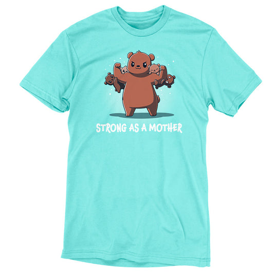 Premium Cotton T-shirt_TeeTurtle Strong as a Mother caribbean blue t-shirt featuring a strong bear lifting four smaller bears with the caption 