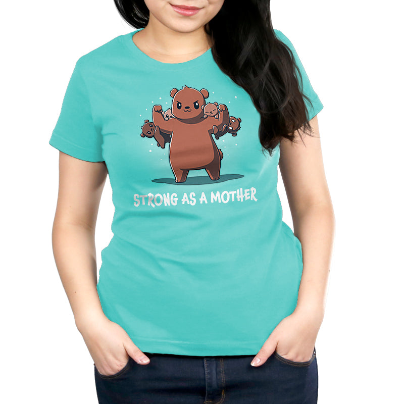 Premium Cotton T-shirt_TeeTurtle Strong as a Mother caribbean blue t-shirt featuring a strong bear lifting four smaller bears with the caption "Strong as a Mother."