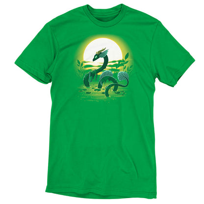 Premium Cotton T-shirt_TeeTurtle Swamp Dragon apple t-shirt featuring a magical dragon coming up out of a swamp covered in greenery with a sun setting in the background.