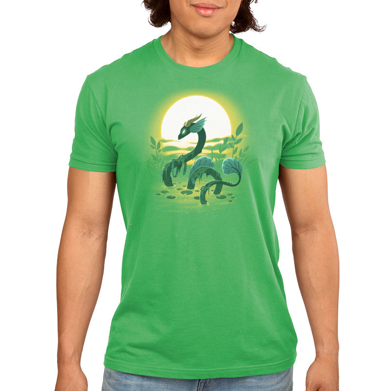 Premium Cotton T-shirt_TeeTurtle Swamp Dragon apple t-shirt featuring a magical dragon coming up out of a swamp covered in greenery with a sun setting in the background.