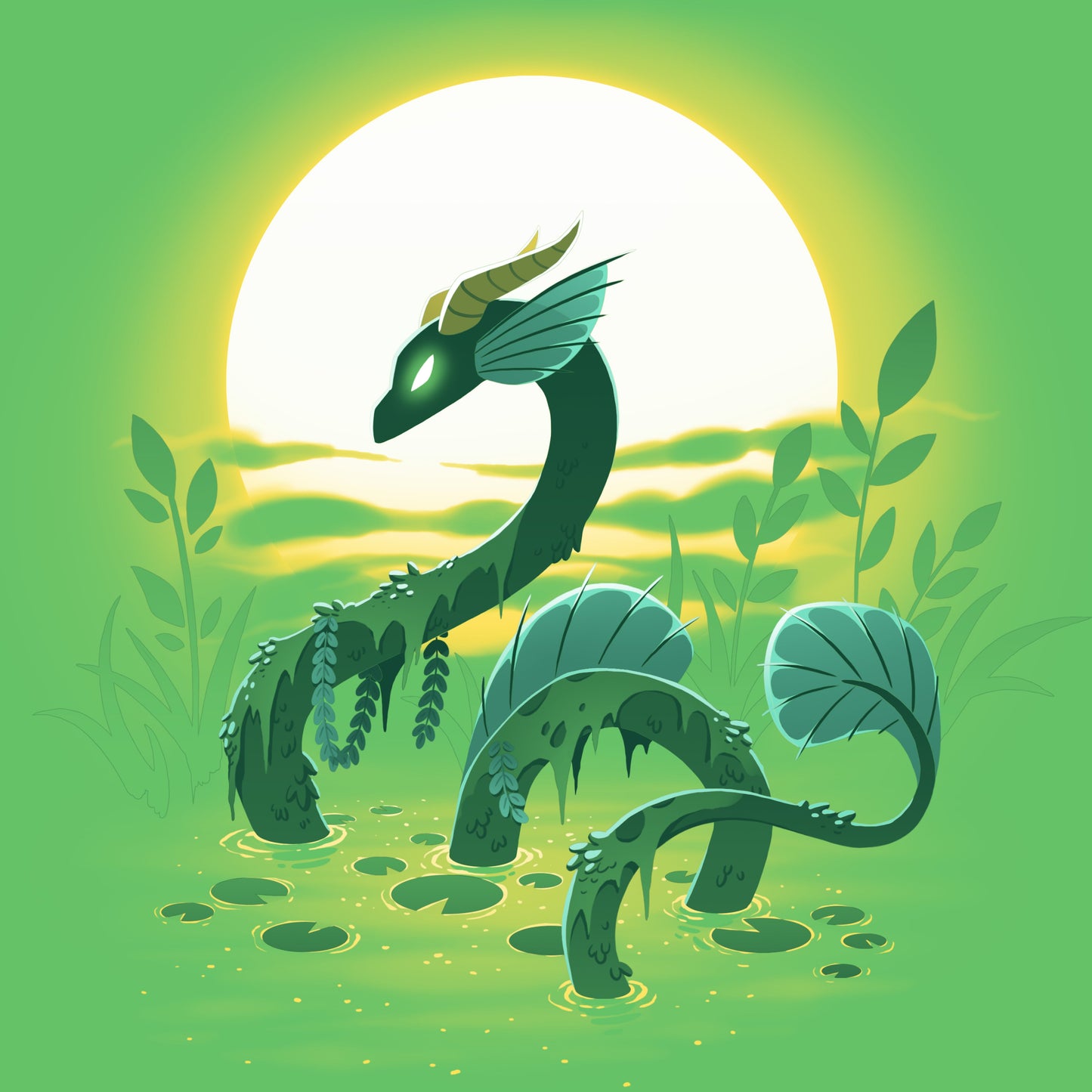 Premium Cotton T-shirt_TeeTurtle Swamp Dragon apple t-shirt featuring a magical dragon coming up out of a swamp covered in greenery with a sun setting in the background.