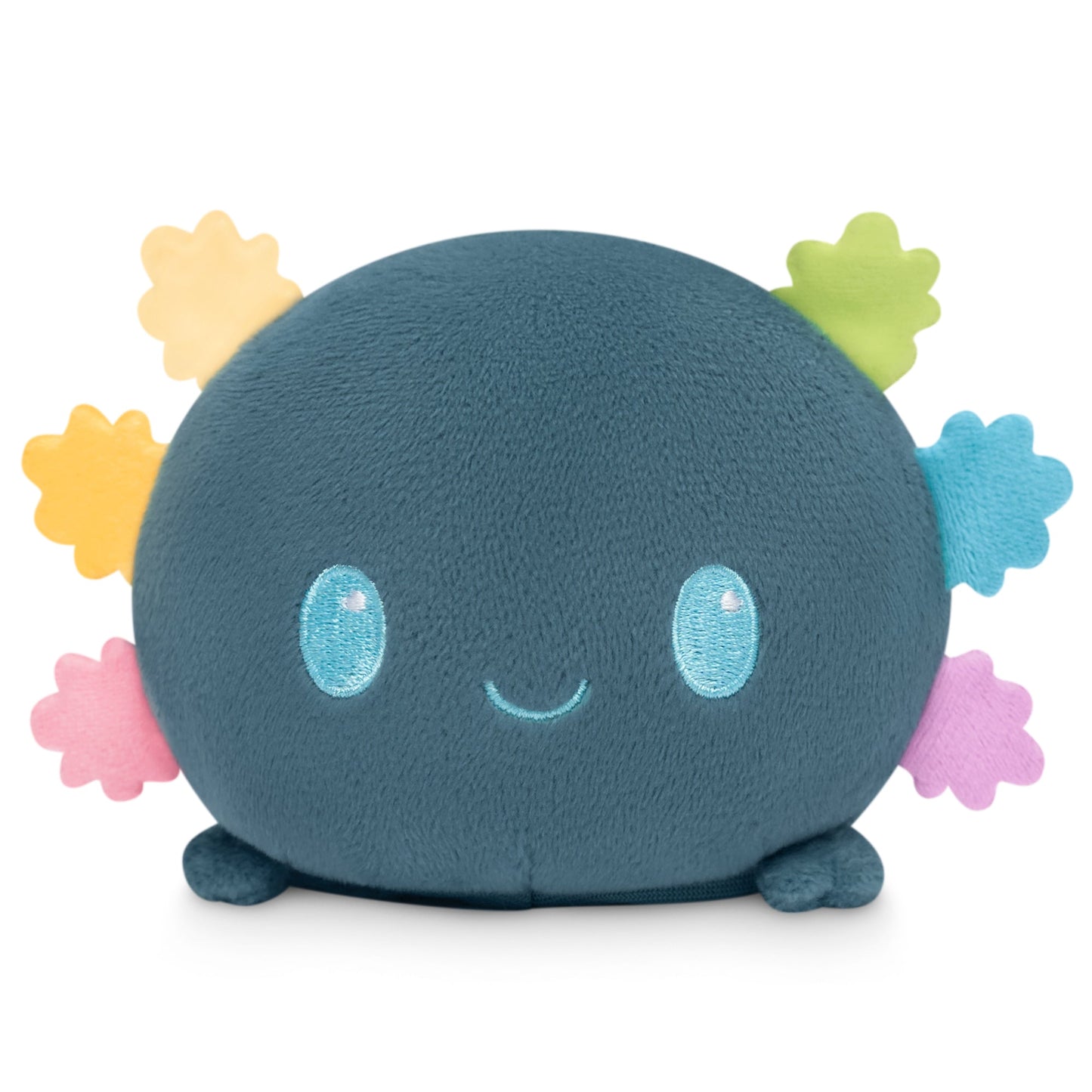 A blue Plushiverse Rainbow Axolotl Plushie Tote Bag with colorful flowers on it. Perfect for TeeTurtle plushies collectors and comes with a convenient storage pouch.