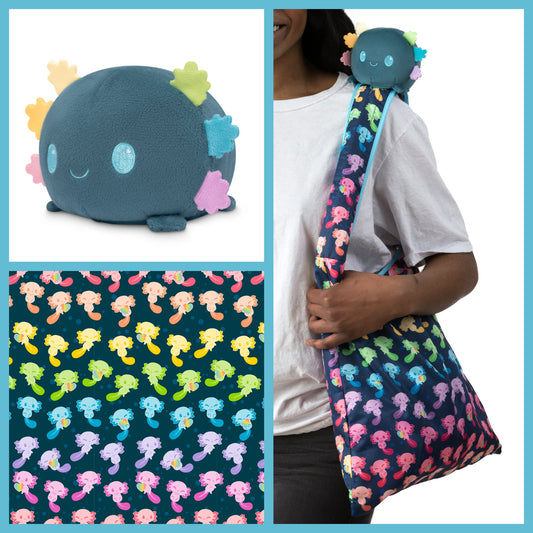 A woman is holding a TeeTurtle Rainbow Axolotl Plushie Tote Bag with a stuffed animal on it.