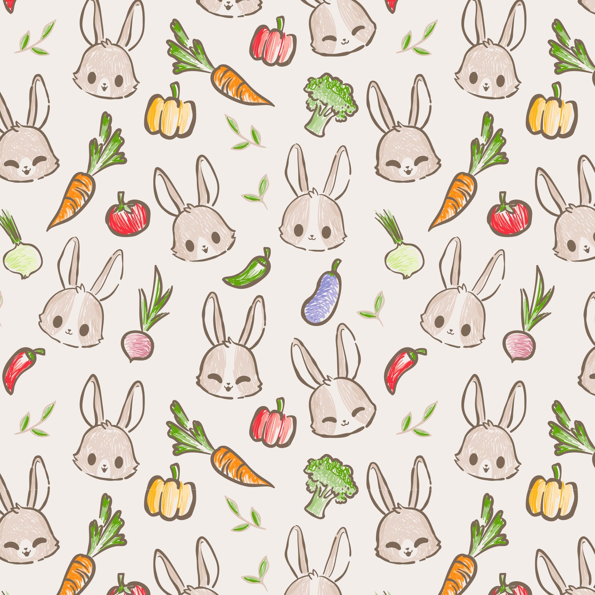 A seamless pattern with Veggie Bunny Plushie Tote Bag and vegetables from TeeTurtle.