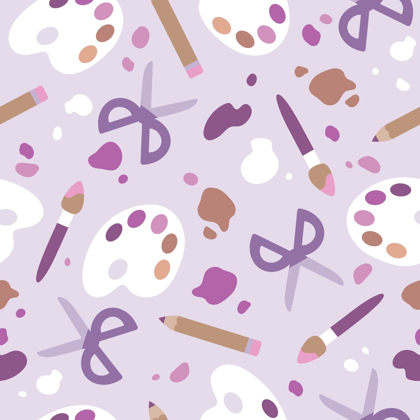 A purple background with paint brushes and paint palettes, perfect for TeeTurtle fans looking for Crafting Bunny Plushie Tote Bags.