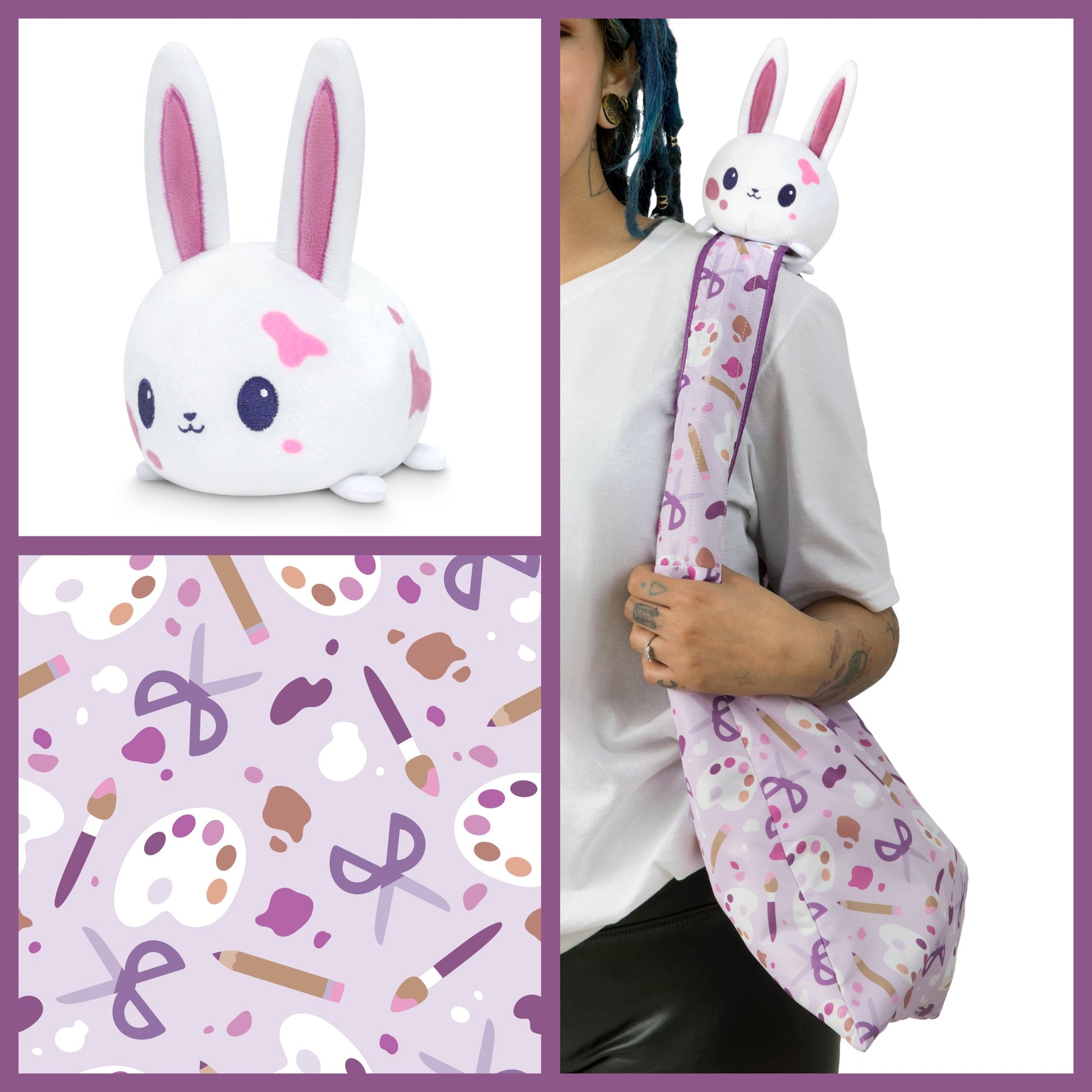 A woman is clutching a TeeTurtle Plushiverse Arts & Crafts Bunny Plushie Tote Bag adorned with a plushie bunny.