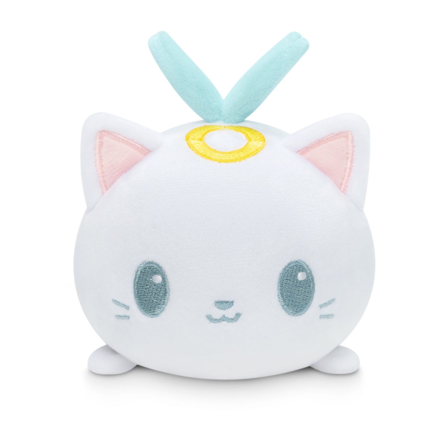 A white plush cat with blue eyes, perfect as an Angel Cat Plushie Tote Bag friend or for a TeeTurtle plushie tote bag.