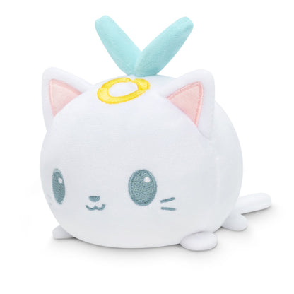 A white Angel Cat Plushie Tote Bag with a blue ring on its head, ideal as a TeeTurtle plushie or tote bag accessory.