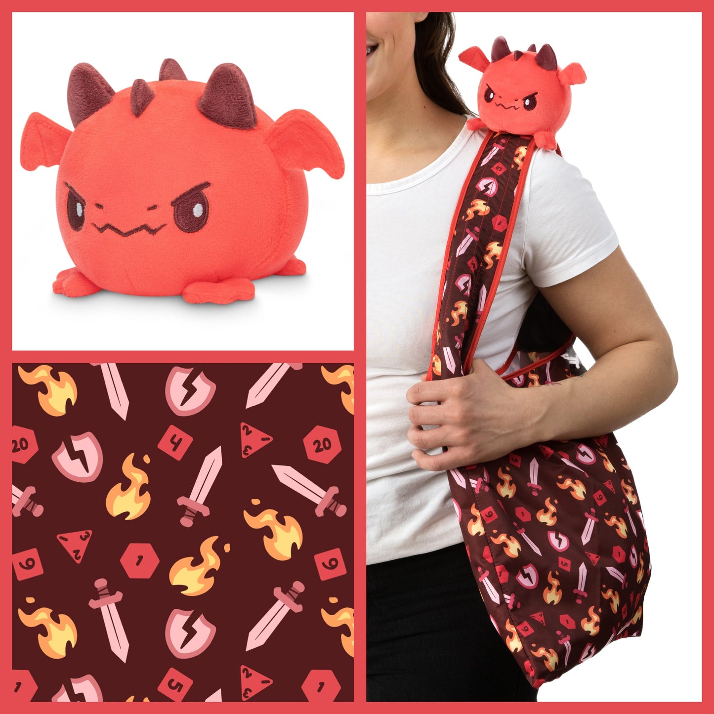 A woman is holding a TeeTurtle Tabletop Dragon Plushie Tote Bag.