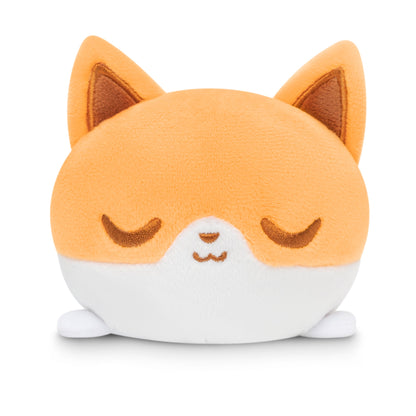 A Floral Fox Plushie Tote Bag with closed eyes, shaped like a cat, made by TeeTurtle.