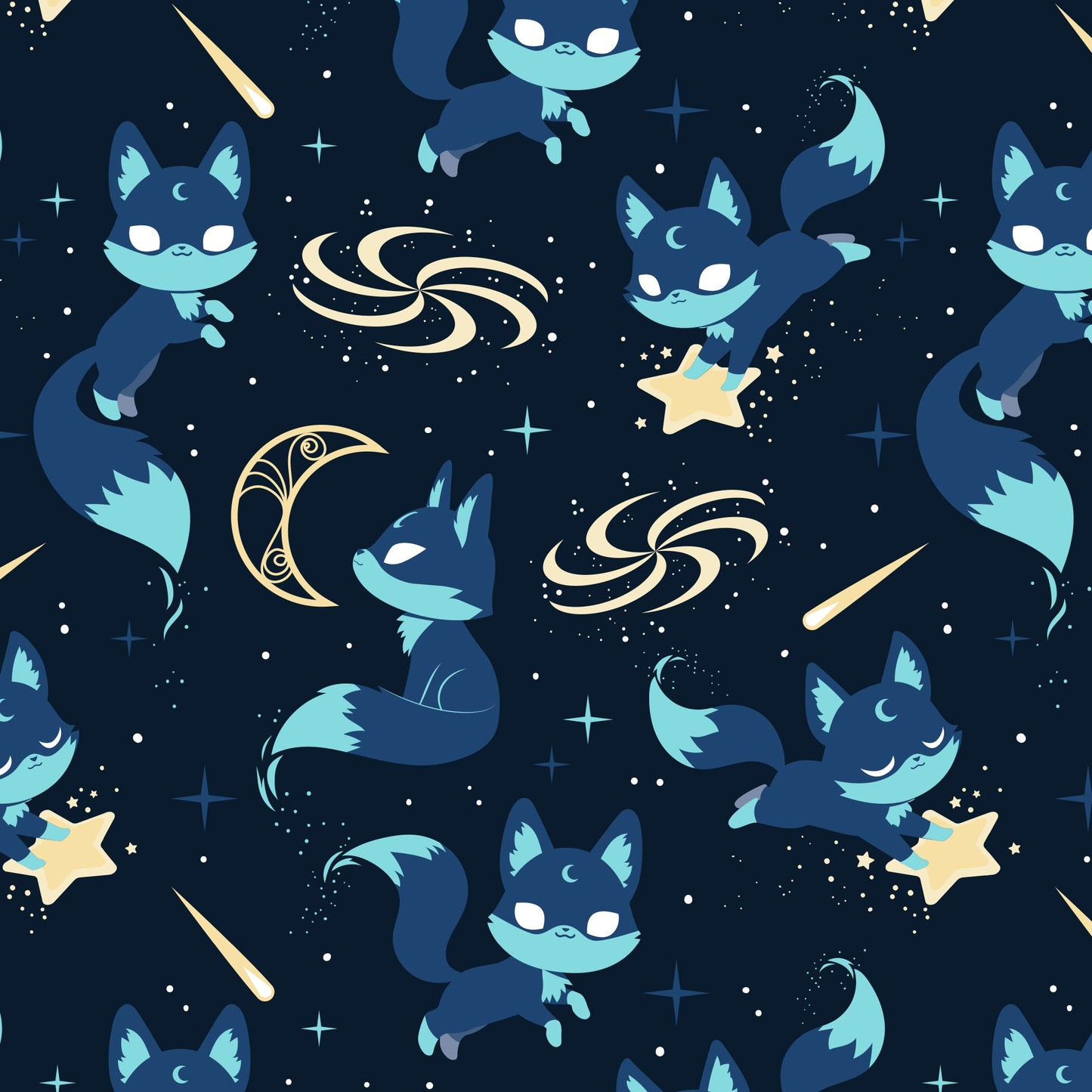 Celestial Fox Plushie Tote Bags with stars and moons on a blue background, available from TeeTurtle on tote bags and storage pouches.