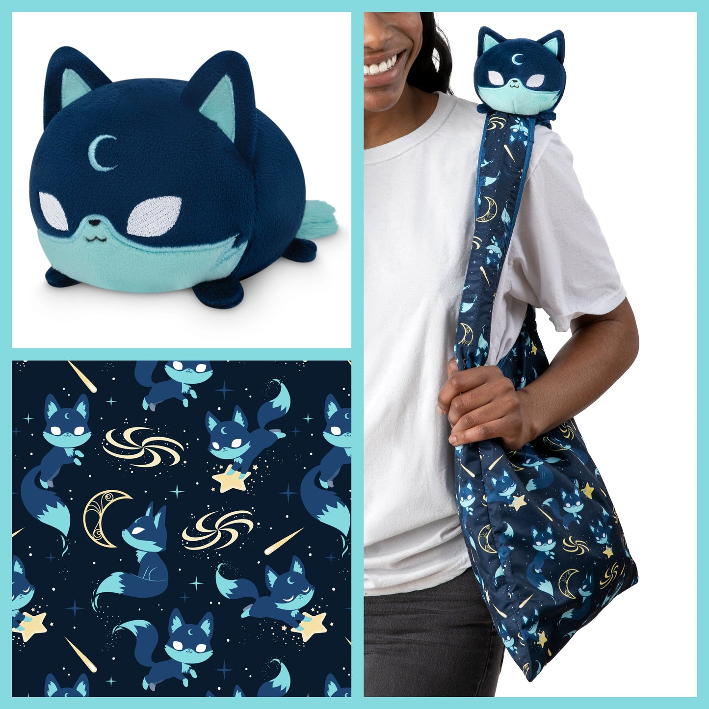 A Celestial Fox Plushie Tote Bag by TeeTurtle and a bag with stars on it made from recycled plastic bottles.