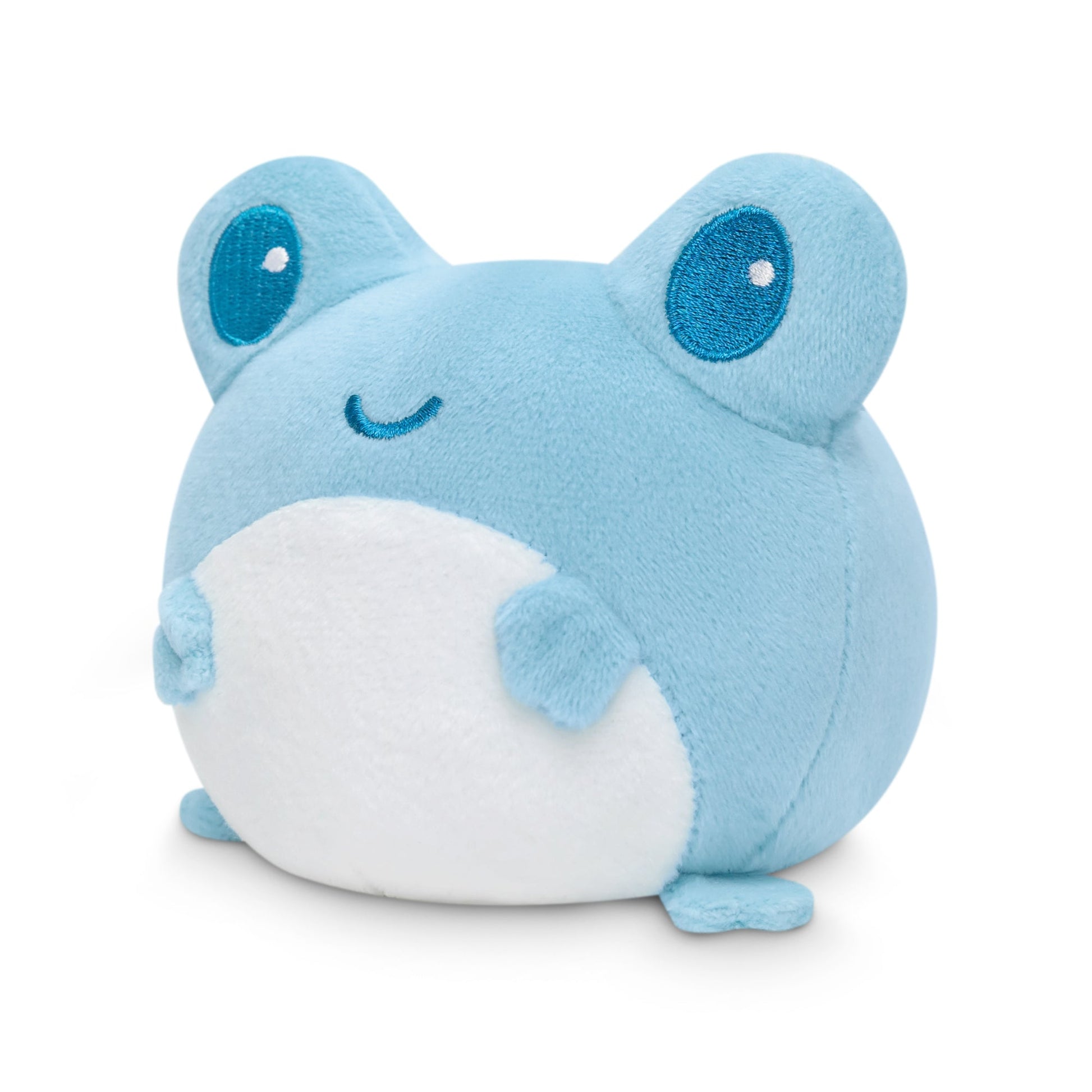 A Transgender Pride Frog plushie tote bag with blue eyes, perfect for TeeTurtle plushie tote bags.