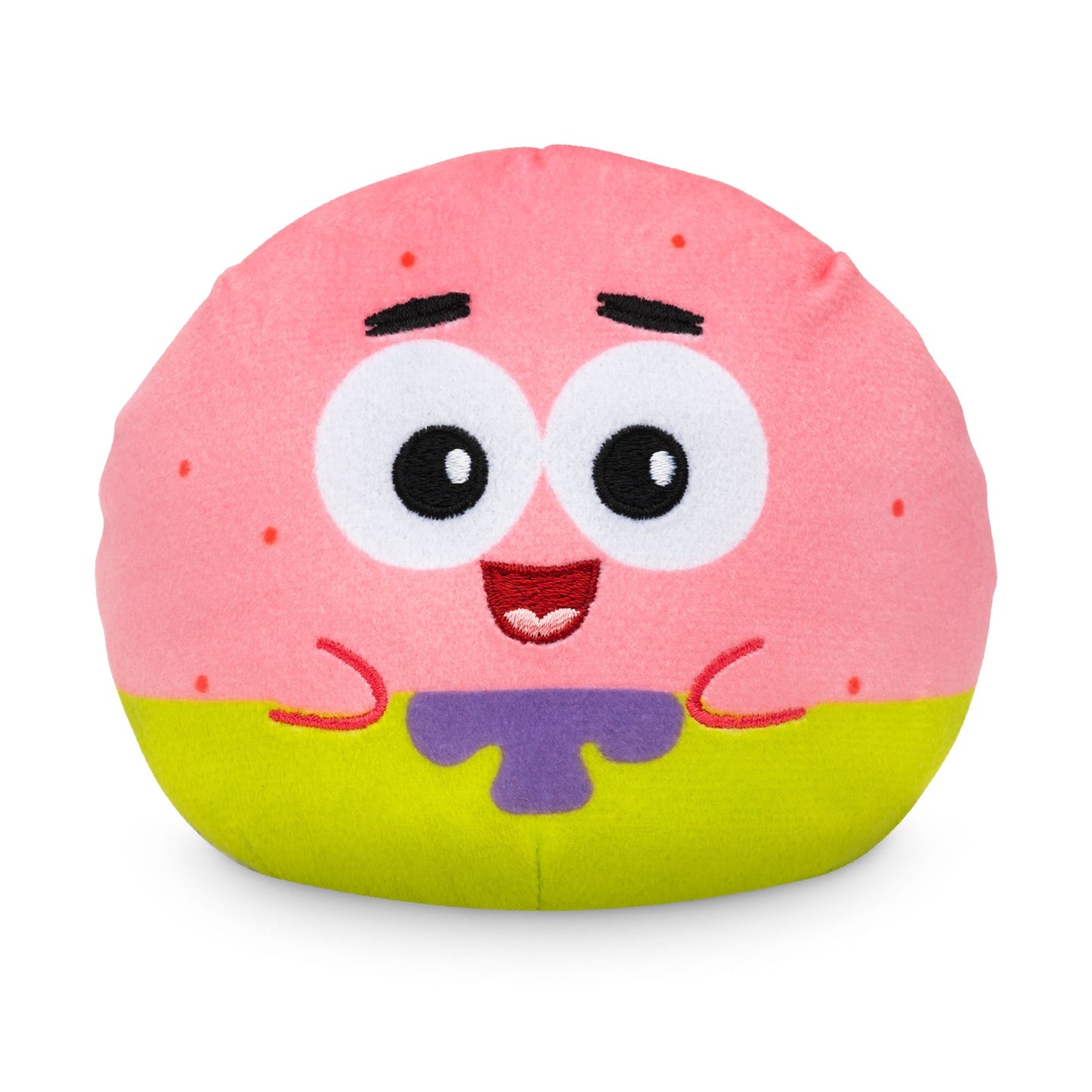 A Plushiverse Patrick Star Snacktime Plushie Tote Bag from Nickelodeon featuring a cheerful animated character with a pink head, large round eyes, and a green bottom, now made from recycled plastic bottles.