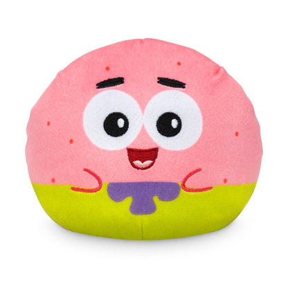 A Plushiverse Patrick Star Snacktime Plushie Tote Bag from Nickelodeon featuring a cheerful animated character with a pink head, large round eyes, and a green bottom, now made from recycled plastic bottles.