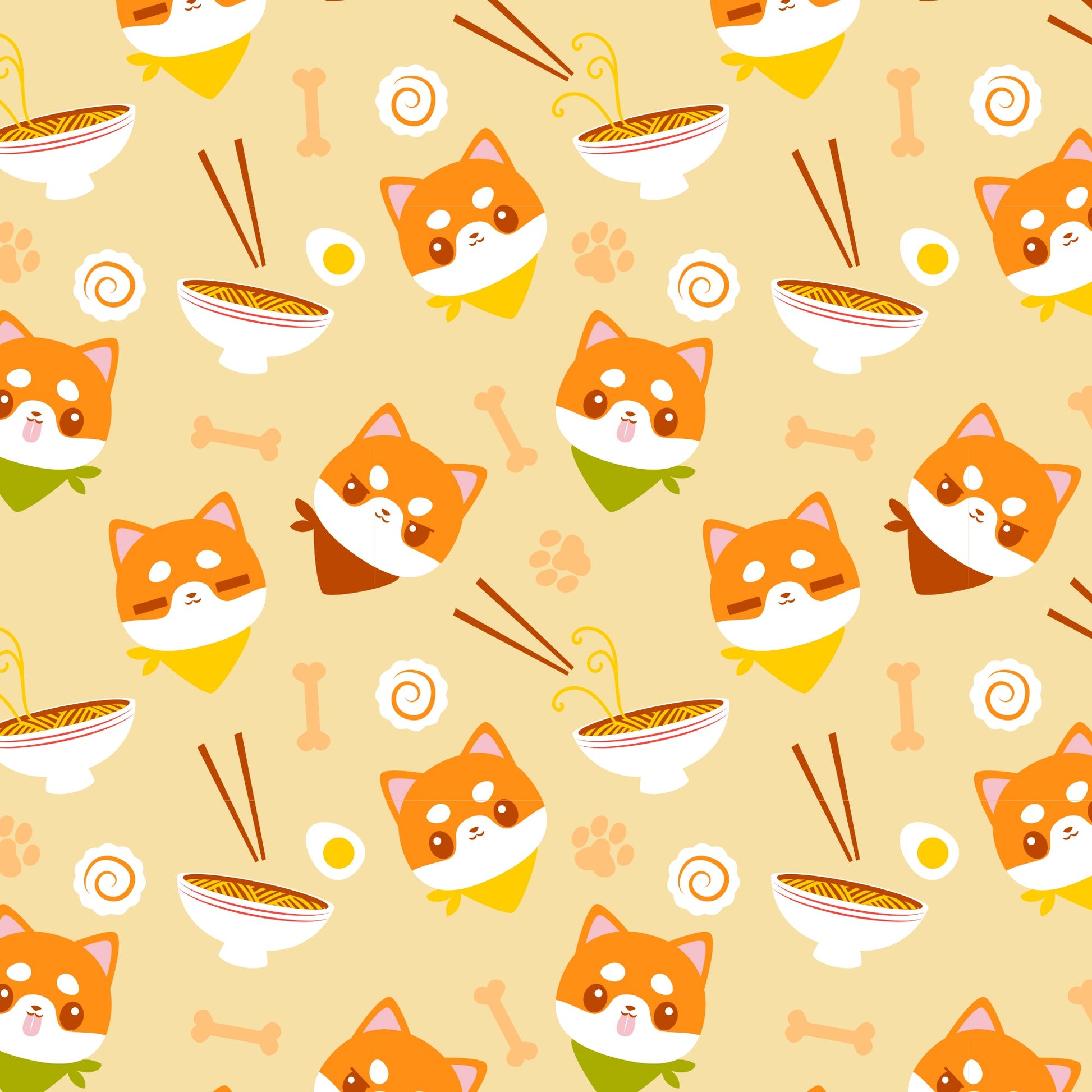 TeeTurtle Ramen Shiba Inu Plushie Tote Bag with chopsticks and bowls on a yellow background.