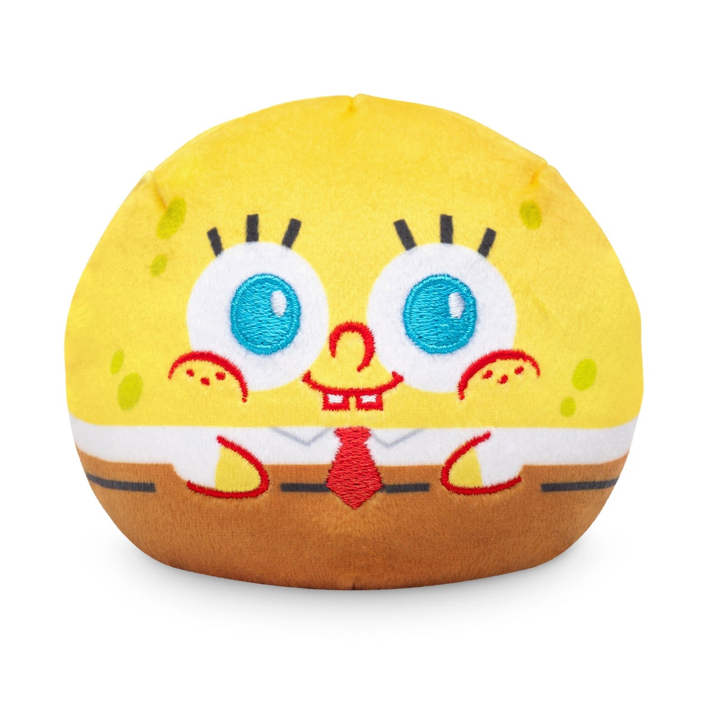 A Nickelodeon Plushiverse SpongeBob SquarePants Jellyfishing Plushie Tote Bag depicting a cartoonish, rounded face with large blue eyes, buck teeth, and wearing a red tie on a yellow body with brown and white at the bottom. Part of the adorable TeeTurtle plushies collection, it’s perfect as a cute accessory or even to stash in your Plushie Tote Bag.