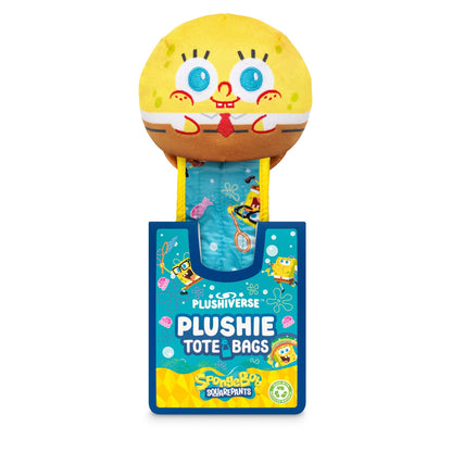 A Plushiverse SpongeBob SquarePants Jellyfishing Plushie Tote Bag sits atop a blue tote bag packaging labeled "NICKOLODEON PLUSHIVERSE SPONGEBOB SQUAREPANTS JELLYFISHING PLUSHIE TOTE BAG," made from recycled plastic bottles.