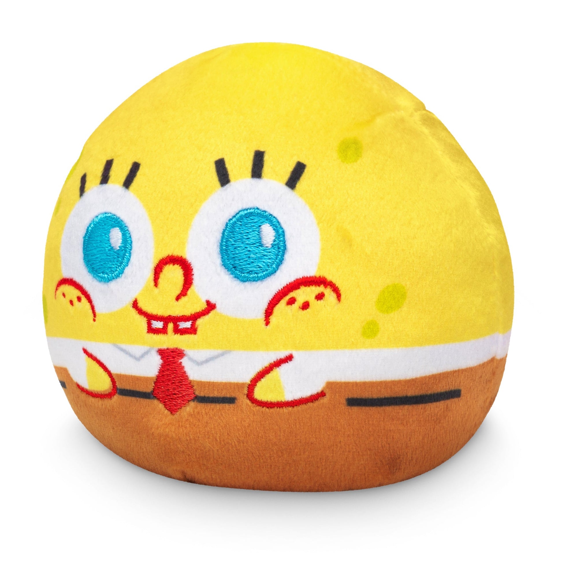 A round, yellow **Plushiverse SpongeBob SquarePants Jellyfishing Plushie Tote Bag** made from recycled plastic bottles with blue eyes, a white shirt, red tie, and brown bottom, resembling an animated character by **Nickelodeon**.