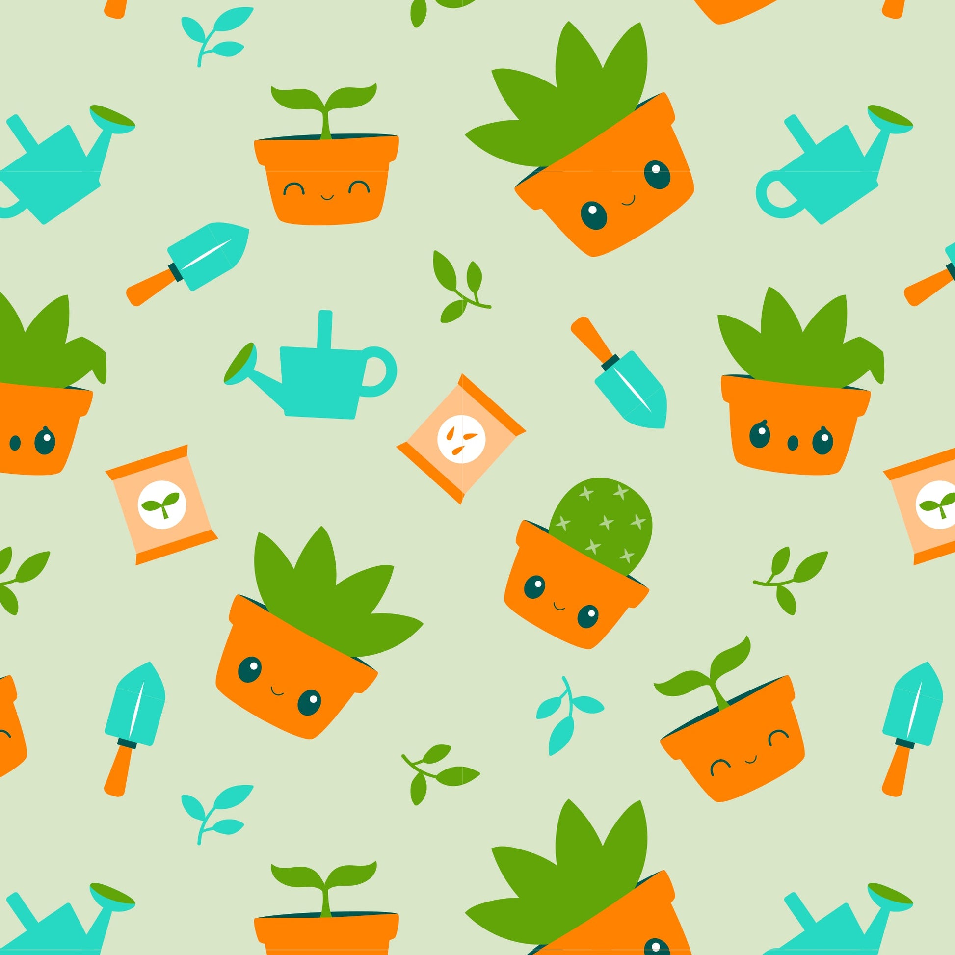 A pattern of potted plants and pots on a green background featuring TeeTurtle Gardening Succulent Plushie Tote Bags and storage pouches.